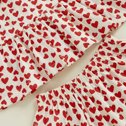 Red Hearts Print Top & Shorts Set