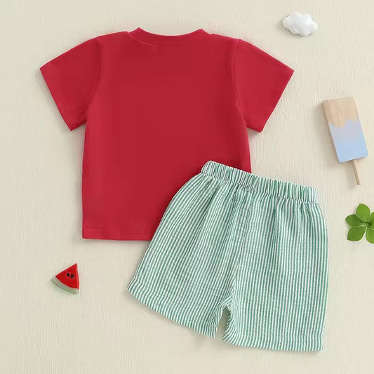 Green Striped T-Shirt with Watermelon Motif & Matching Shorts