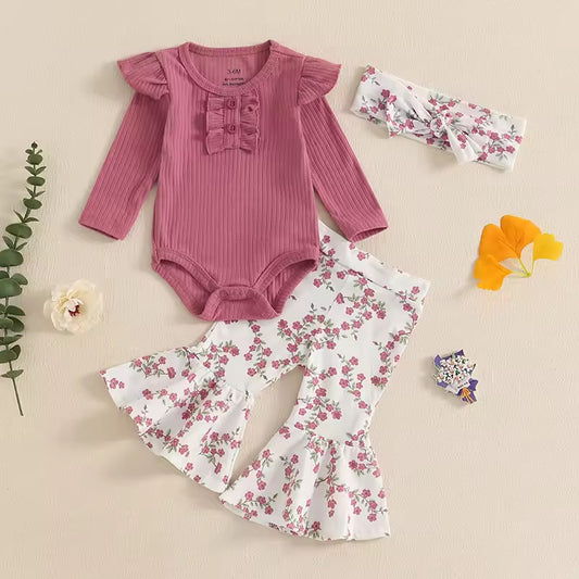 Floral Flare Pants & Ribbed Cotton Romper Set