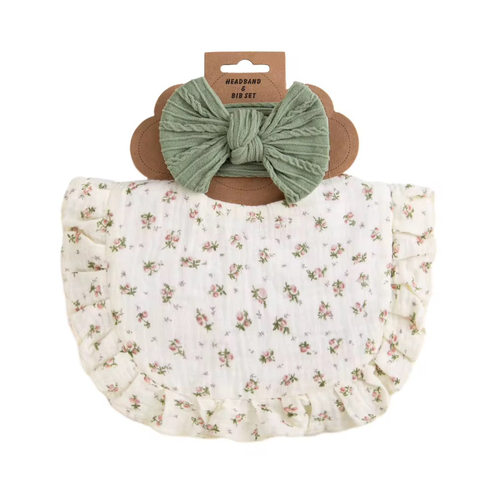 Ruffled Muslin Bib & Headband Set – Sage Green Floral