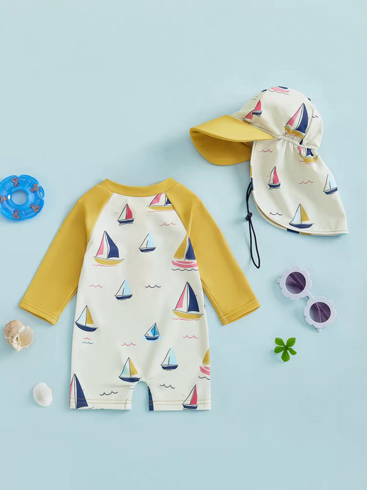 Nautical Sailboat Baby Swimsuit & Sun Hat Set