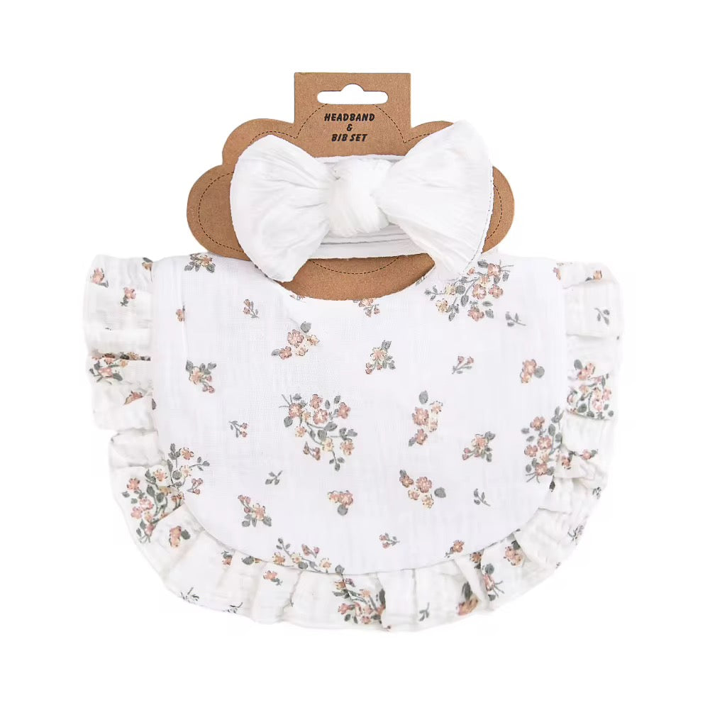 Ruffled Muslin Bib & Headband Set – Soft White Floral