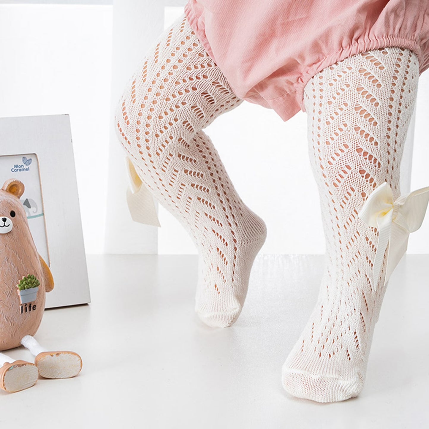 Ultra-Soft Hollow-Out Cotton Tights for Baby Girls-Beige