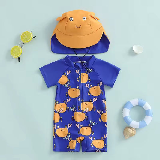 Happy Crab Print Baby Swimsuit with Character Sun Hat