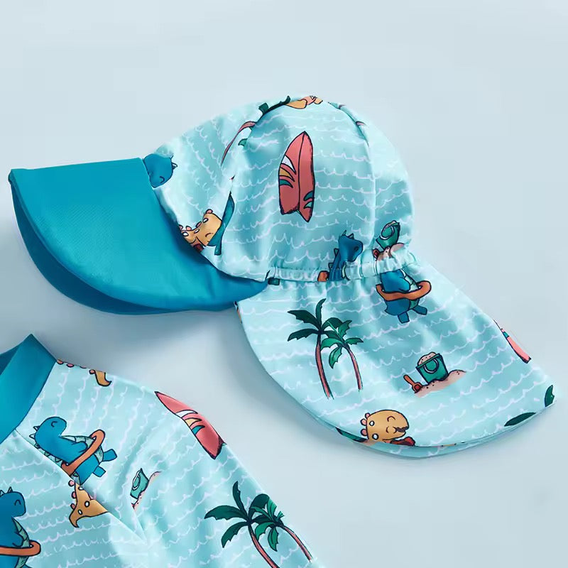 Full-Sleeve Dinosaur Print Swimsuit & Sun Cap Combo