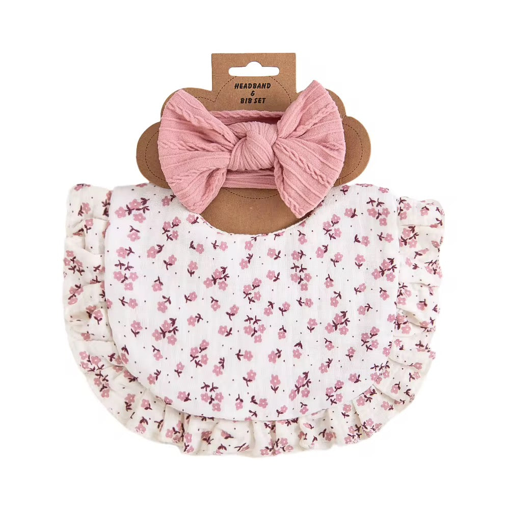 Ruffled Muslin Bib & Headband Set – Dusty Pink Floral