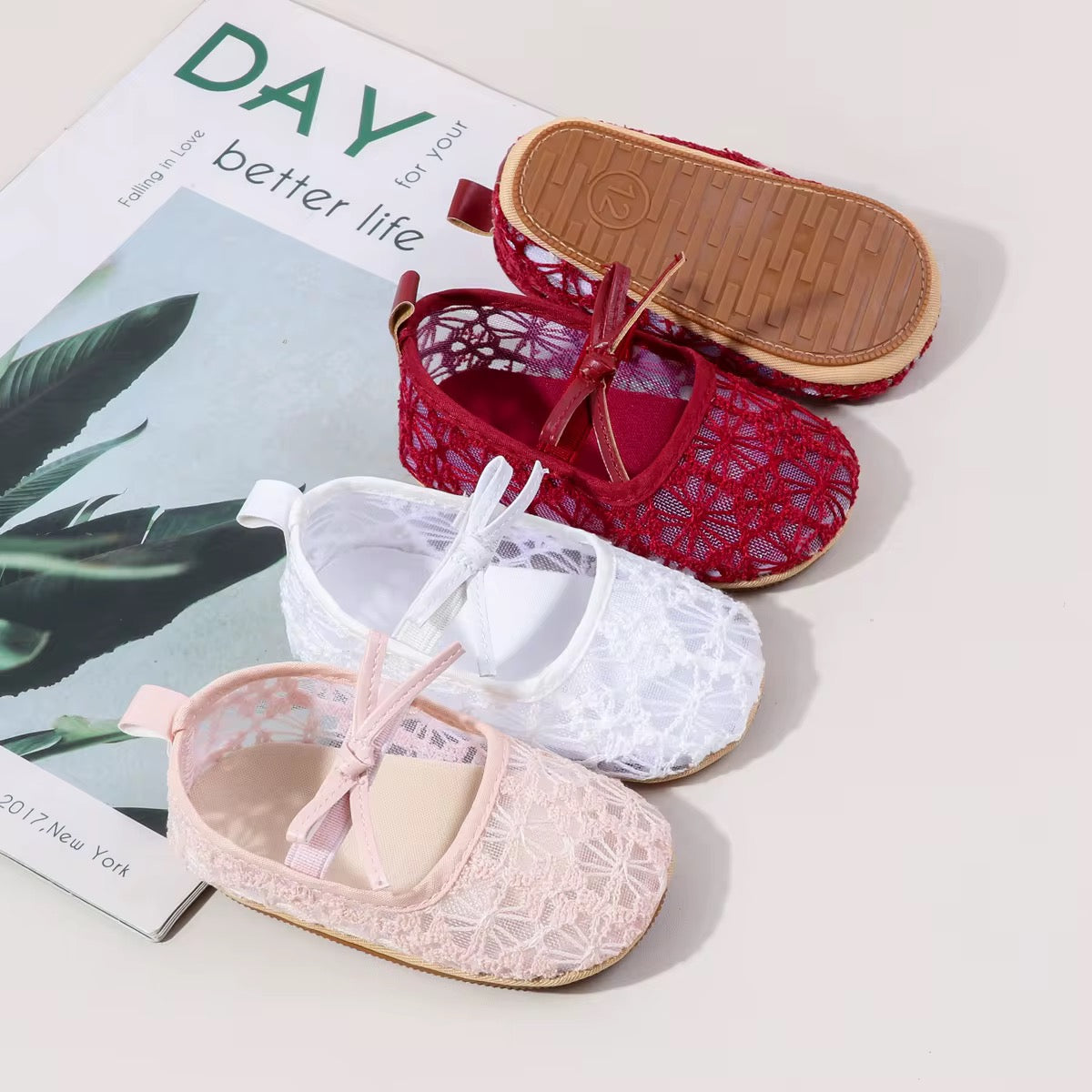 Baby Girl Floral Mesh Mary Jane Flats – Burgundy Red