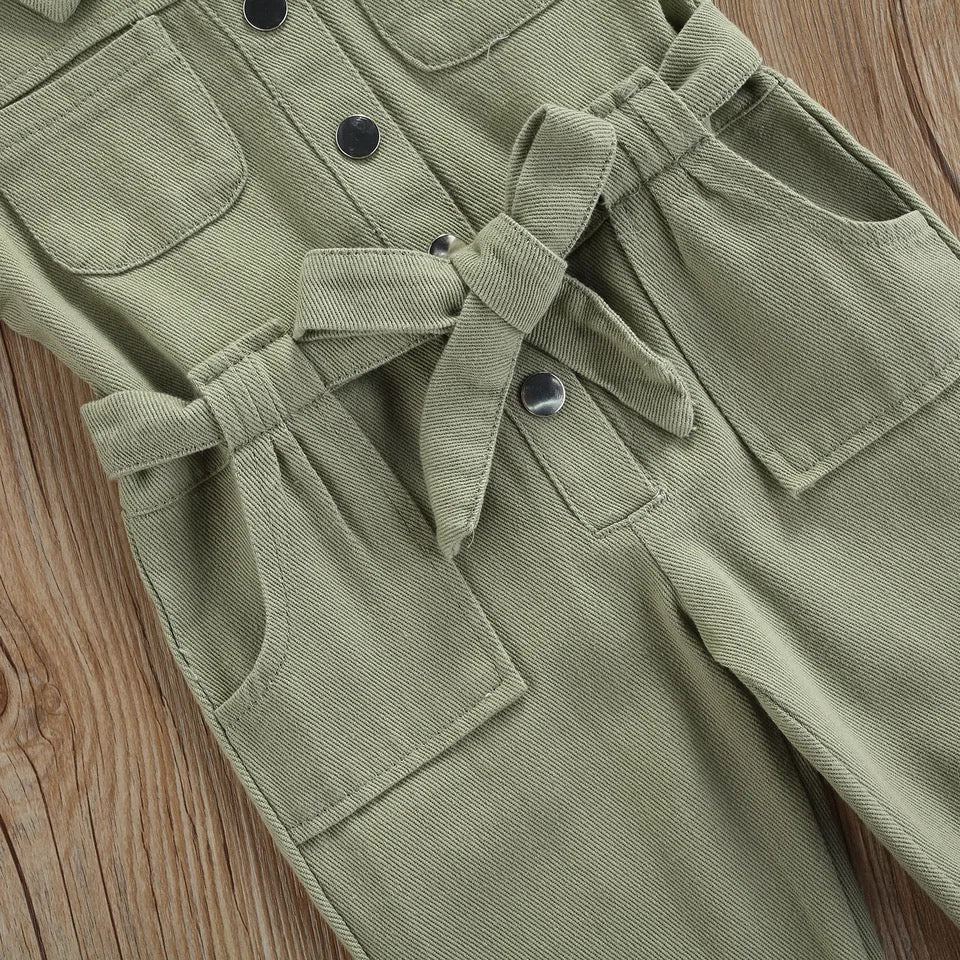 Girl's Casual Green Utility Romper with Pockets & Waist Tie