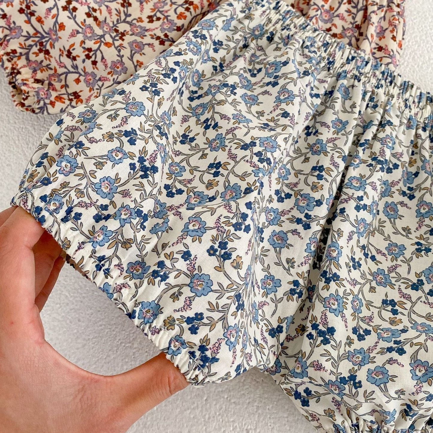 Lace Collar White Top & Blue Floral Shorts