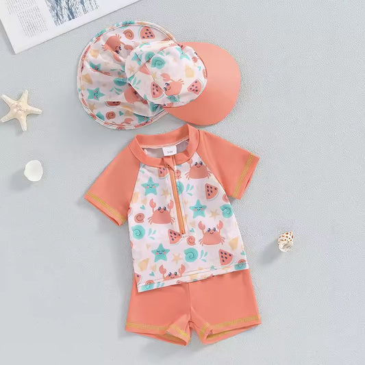 3-Piece Crab & Starfish Swim Set with Neck Protection Hat