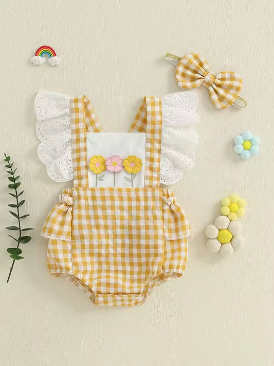 Elegant Sunny Yellow Plaid Romper set