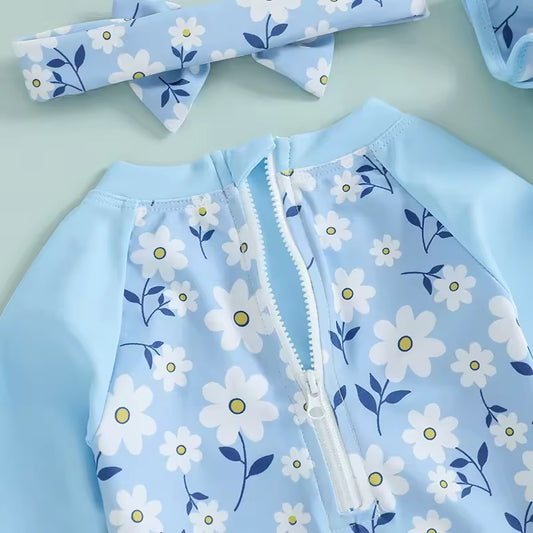 Girls' 3-Piece Blue Floral Swimsuit, Hat & Headband Set