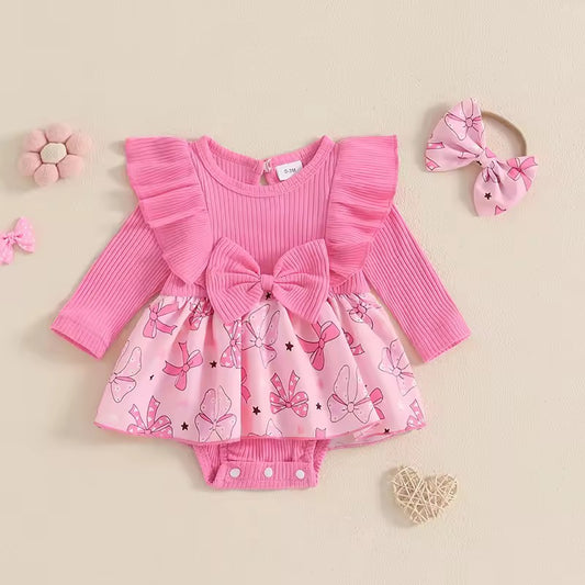 Pink Bow Print Romper Dress & Headband Set