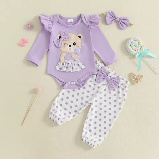 Purple Bear Romper & Polka Dot Pants Set