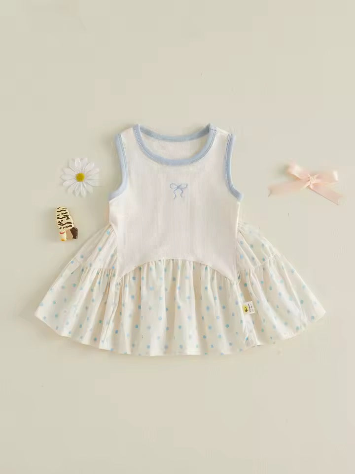 Sleeveless Cotton Bow Dress with Blue Polka Dots