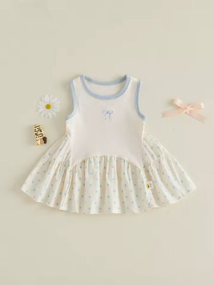 Sleeveless Cotton Bow Dress with Blue Polka Dots