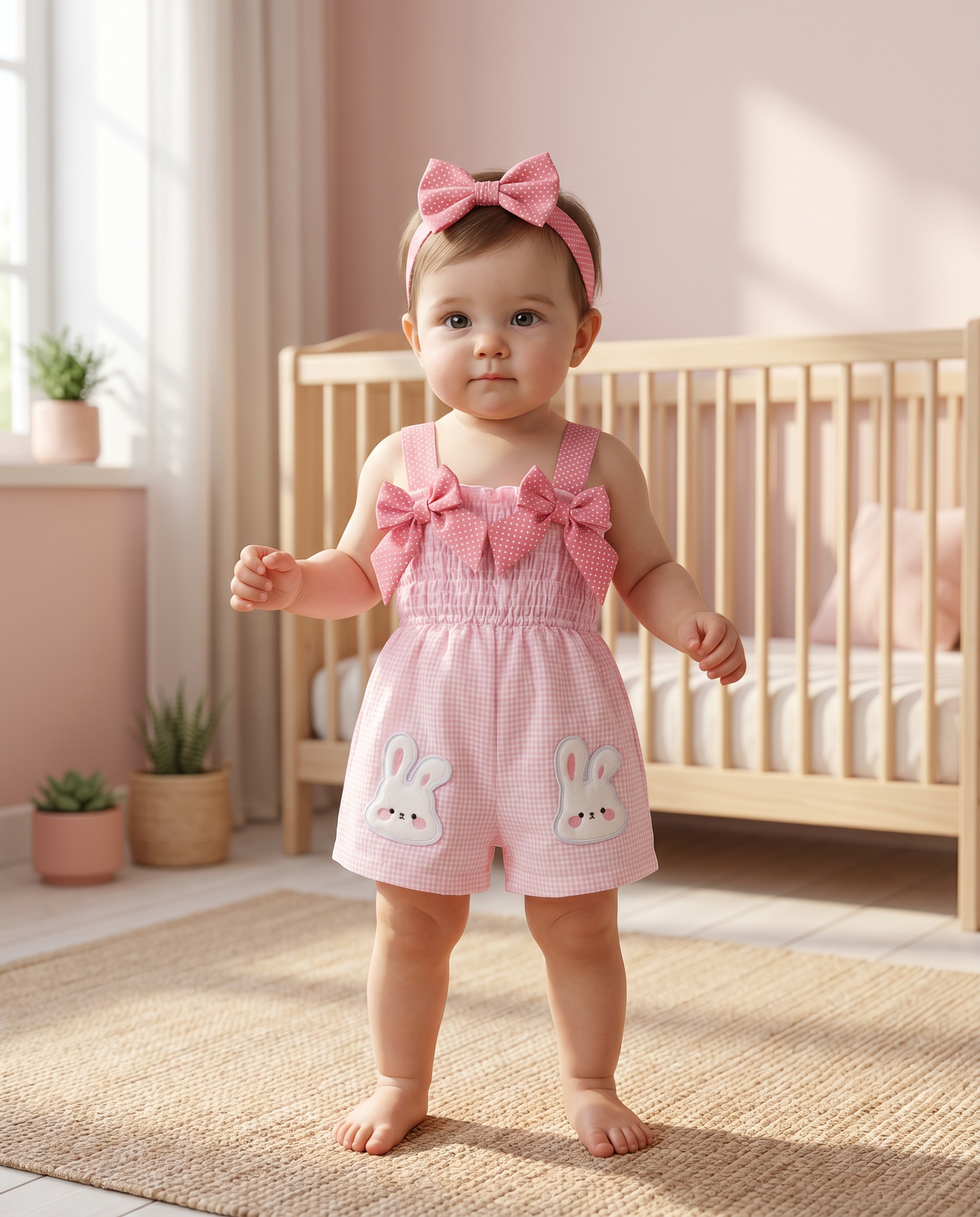 Elegant Pink Plaid Bunny Romper Set