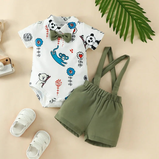Baby Boy Olive Green Animal Print Shirt & Shorts Set