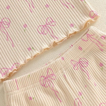 Beige Pink Bows Top & Shorts Set