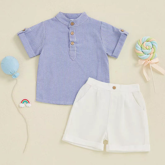 Baby Boy Blue Striped Shirt & White Shorts Set