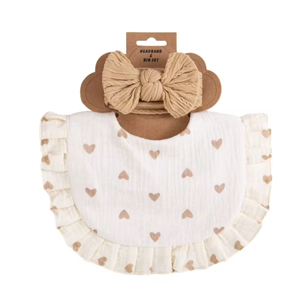 Ruffled Muslin Bib & Headband Set – Nude Hearts