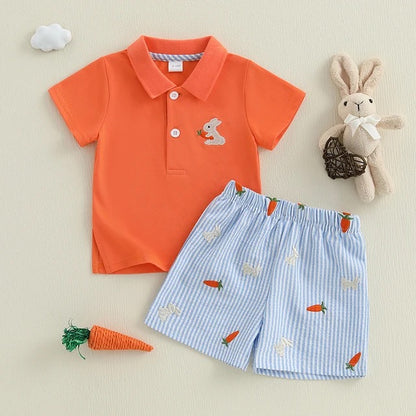 Orange Polo Shirt with Bunny Embroidery & Carrot Print Shorts