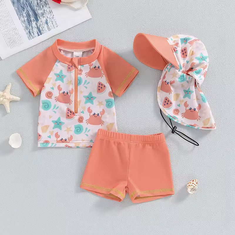 3-Piece Crab & Starfish Swim Set with Neck Protection Hat