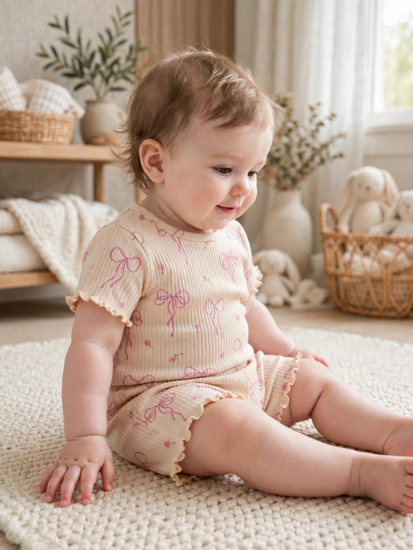 Beige Pink Bows Top & Shorts Set