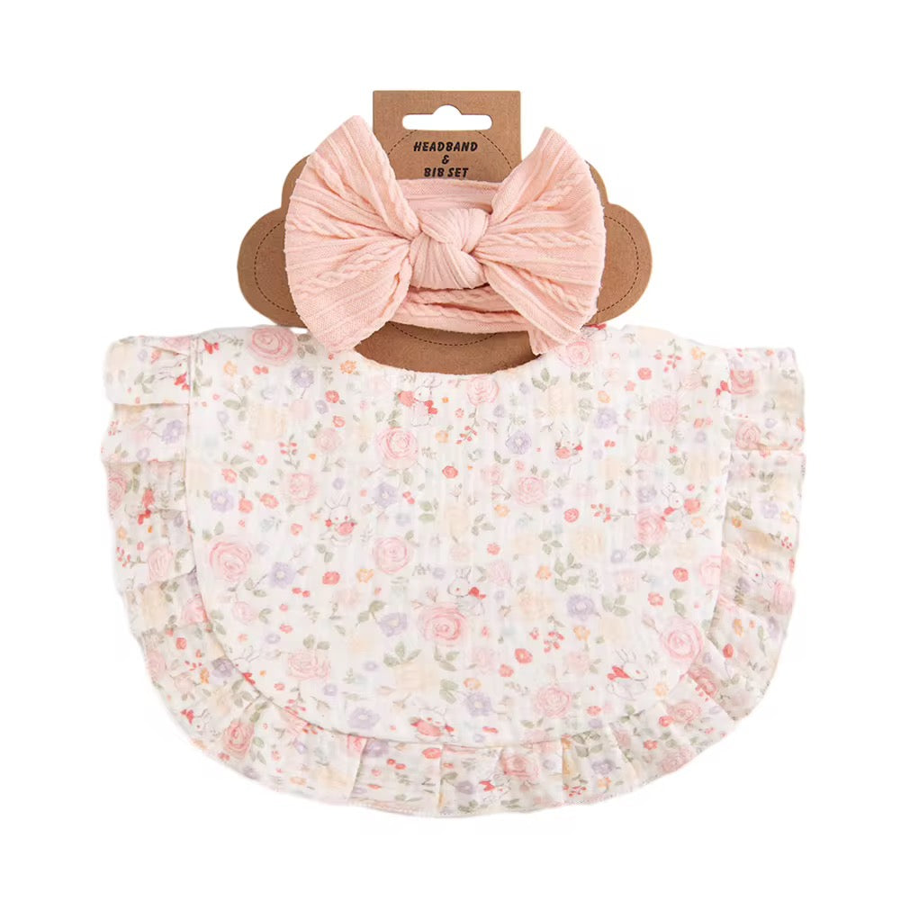 Ruffled Muslin Bib & Headband Set – Vintage Soft Rose
