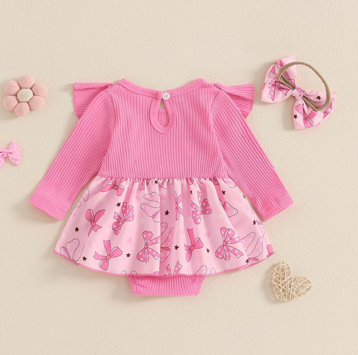 Pink Bow Print Romper Dress & Headband Set