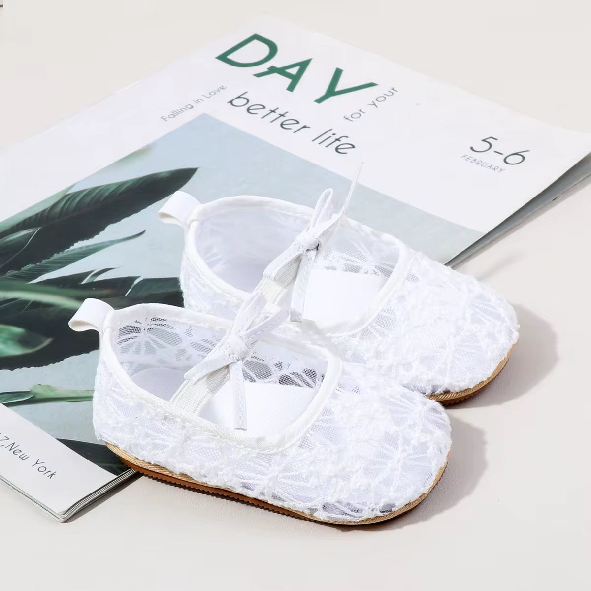 Baby Girl Floral Mesh Mary Jane Flats – White
