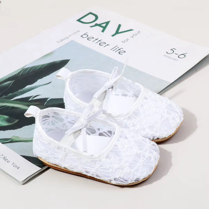 Baby Girl Floral Mesh Mary Jane Flats – White