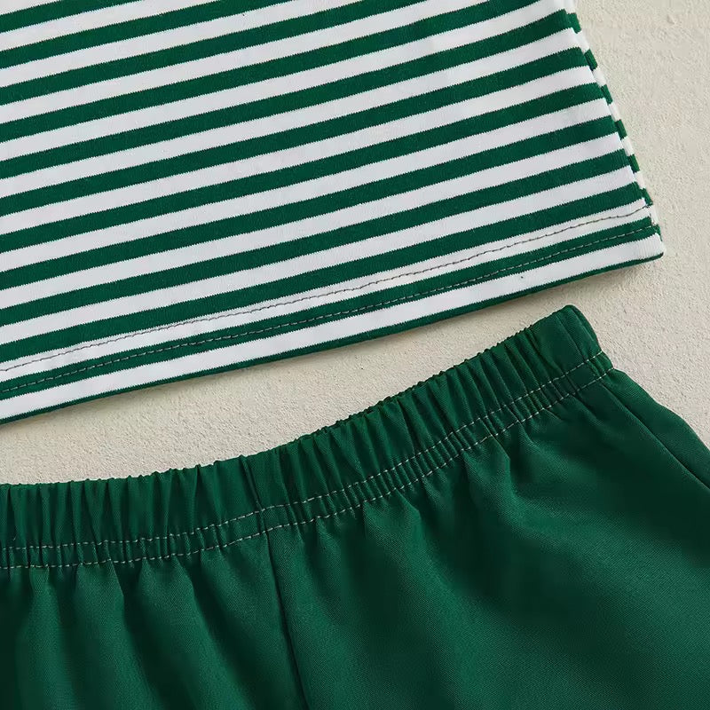 Red Summer T-Shirt with Watermelon Pocket & Striped Shorts