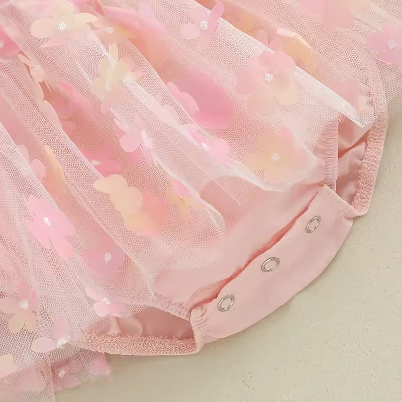 Newborn Girl Pink 3D Flower Party Romper with Bow Headband