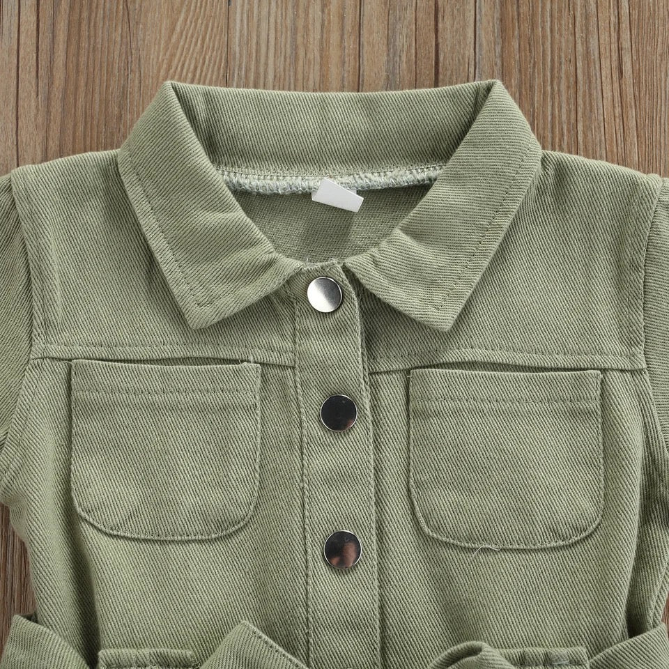 Girl's Casual Green Utility Romper with Pockets & Waist Tie
