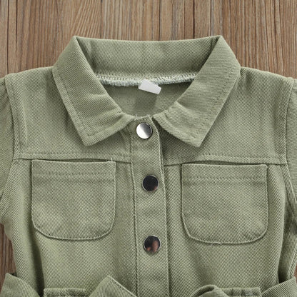 Girl's Casual Green Utility Romper with Pockets & Waist Tie