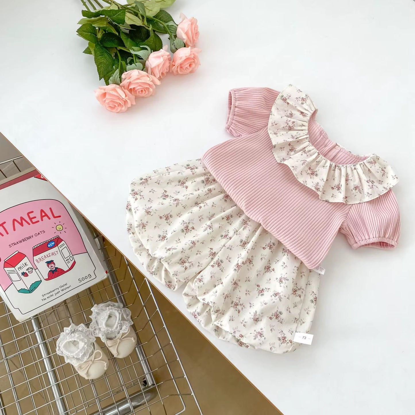 Pink Floral Top & Printed Shorts Set