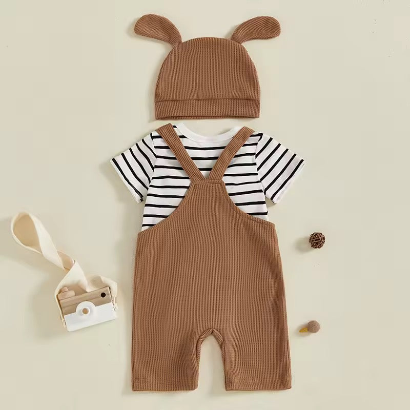 Striped Bodysuit, Overall & Matching Hat