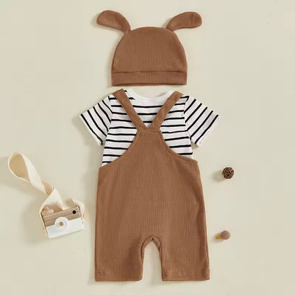 Striped Bodysuit, Overall & Matching Hat