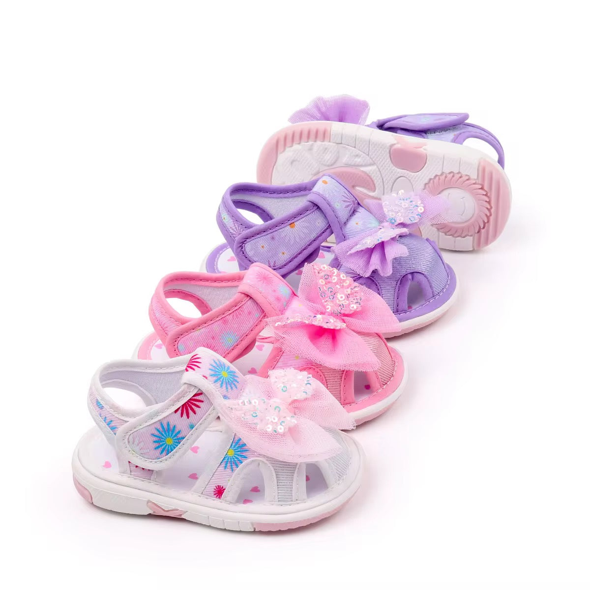 Pink Squeaky Floral Bow Baby Sandals
