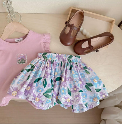 Pink Ruffle Top & Floral Wide Pants Set