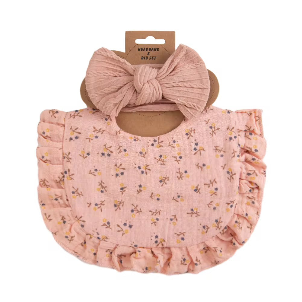 Ruffled Muslin Bib & Headband Set – Blush Wildflower