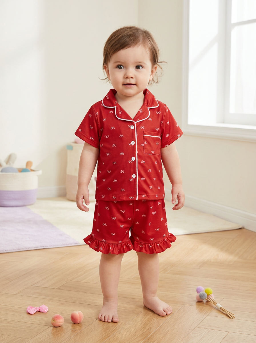 Classy Red Bow-Print Pajama Set