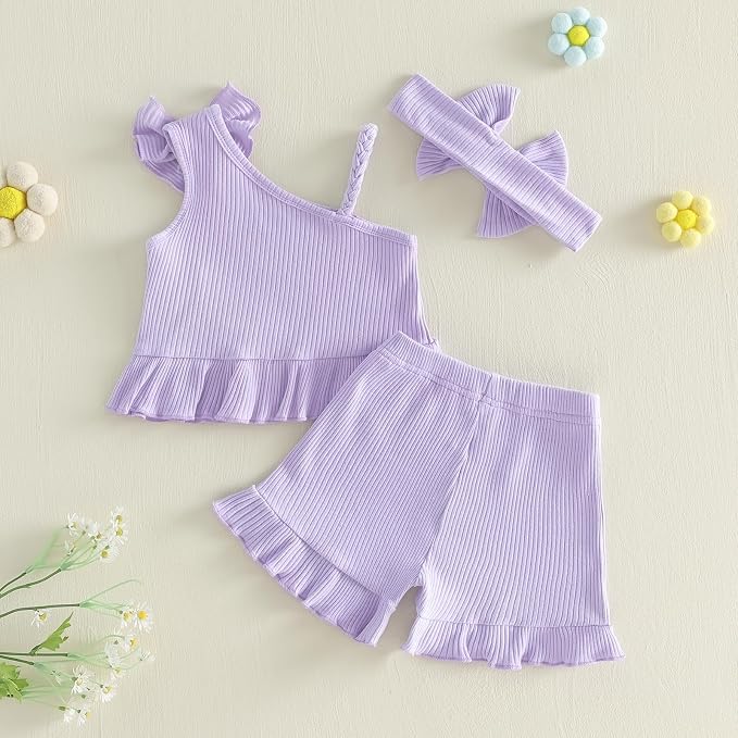 3-Piece One-Shoulder Bow Top & Shorts Set