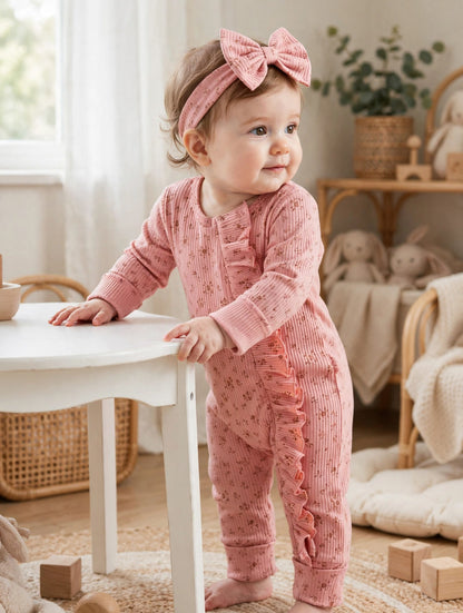 Soft Pink Floral Romper with Headband