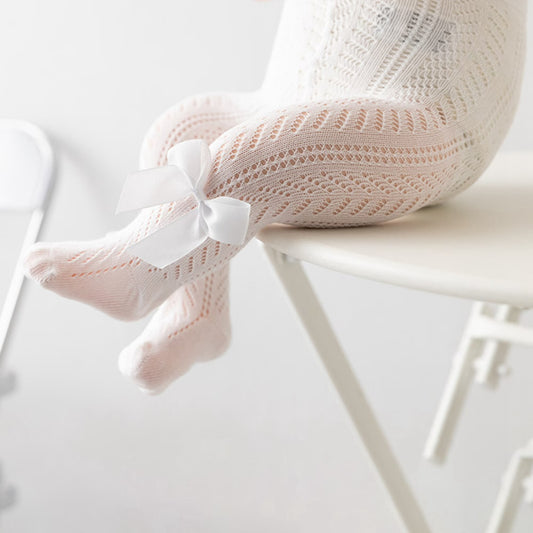 Ultra-Soft Hollow-Out Cotton Tights for Baby Girls-White