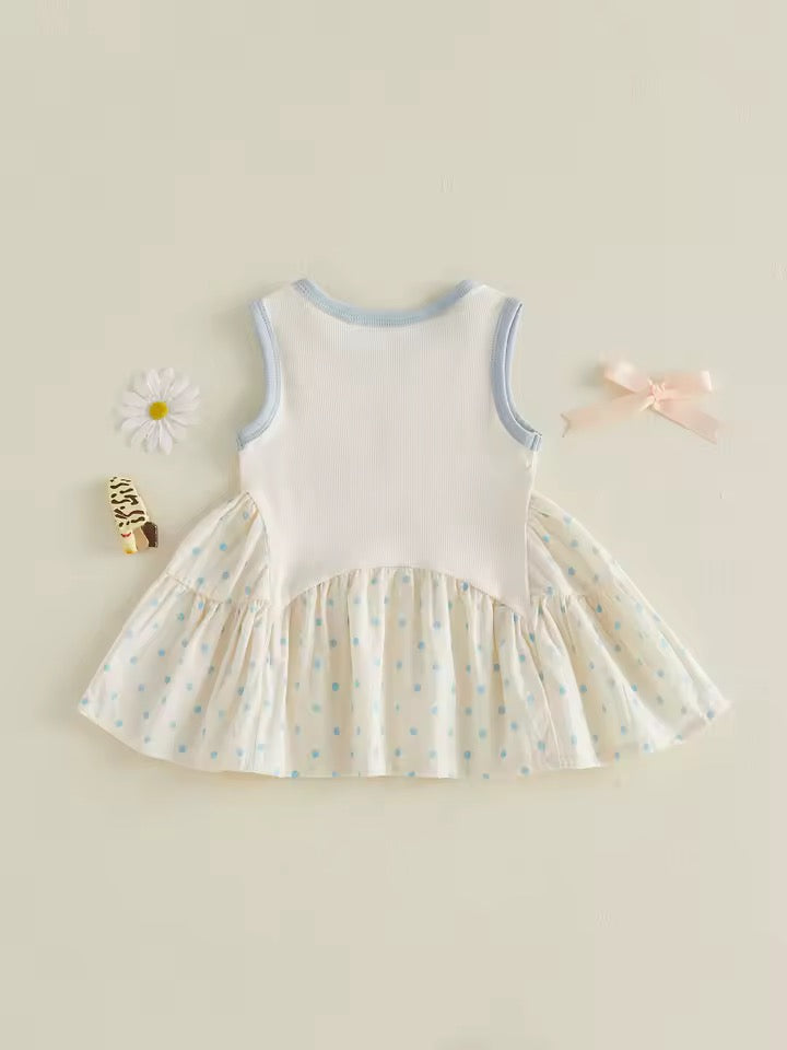 Sleeveless Cotton Bow Dress with Blue Polka Dots