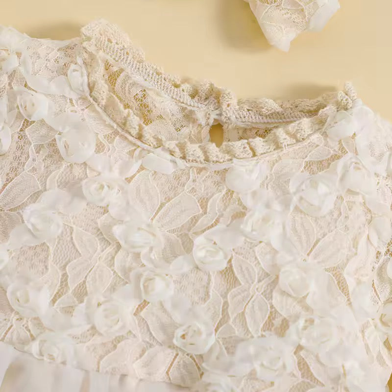 Elegant Cream Long Sleeve Tulle Dress Romper Set
