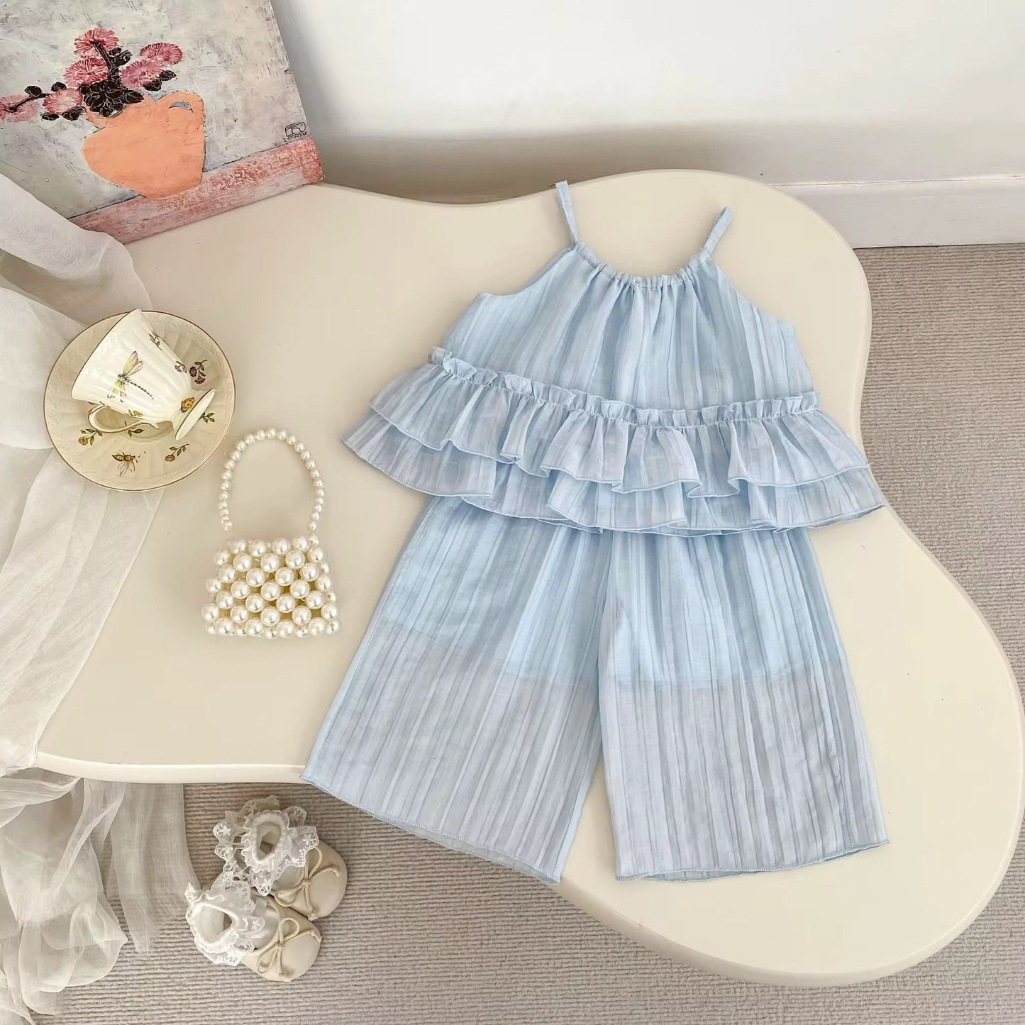 Sky Blue Ruffled Top & Pleated Pants Set