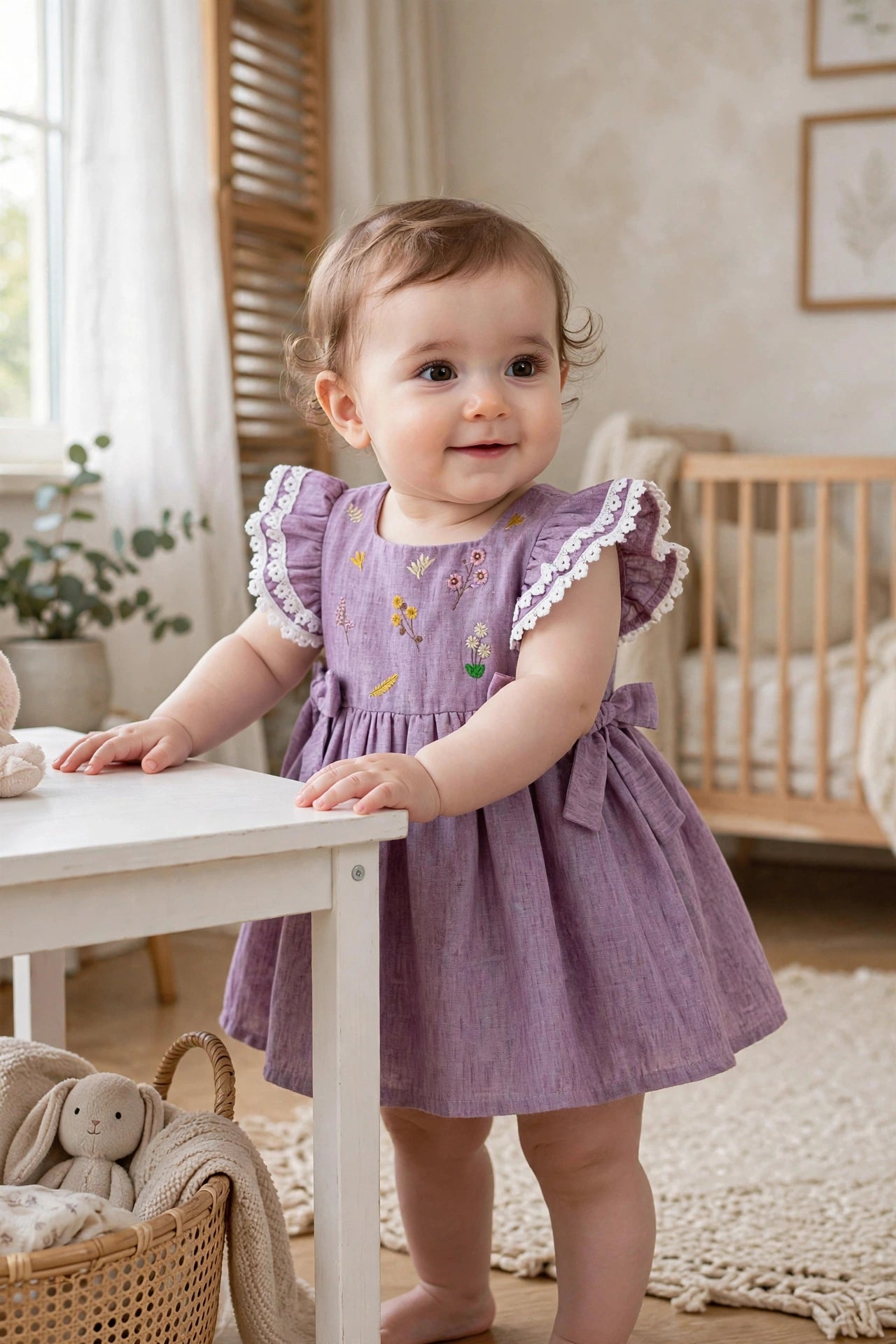 Purple Floral Embroidered Linen Dress